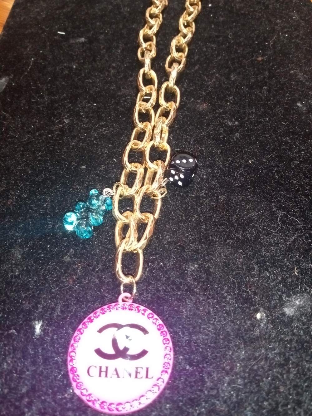 Costom Gold Chain Necklace with Pink Logo Medallion and Teal Crystal Accents